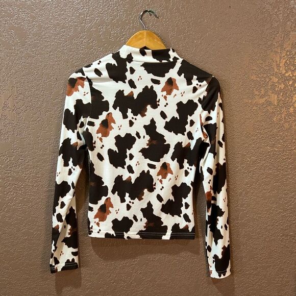 SHEIN Women’s Small White Brown Cow Pattern Long Sleeve Shirt - Picture 3 of 6